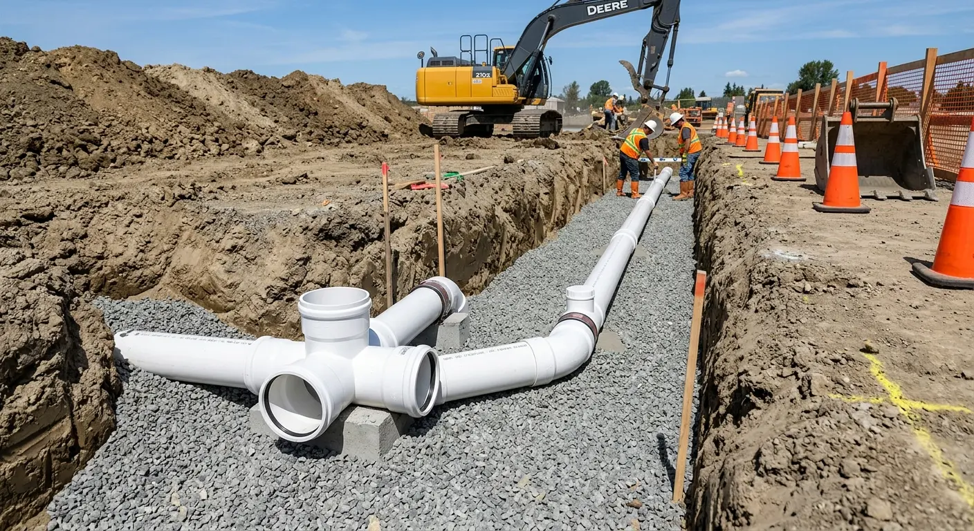 New PVC sewer pipe installation in open trench for Sewer Backup in Bethlehem