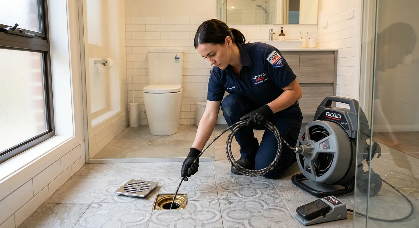 Technician clearing a bathroom floor drain for Hydro Jetting in Bethlehem